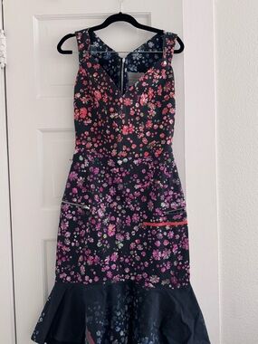 Preen by Thornton Bregazzi Black Dress with Pink & Blue Floral Print